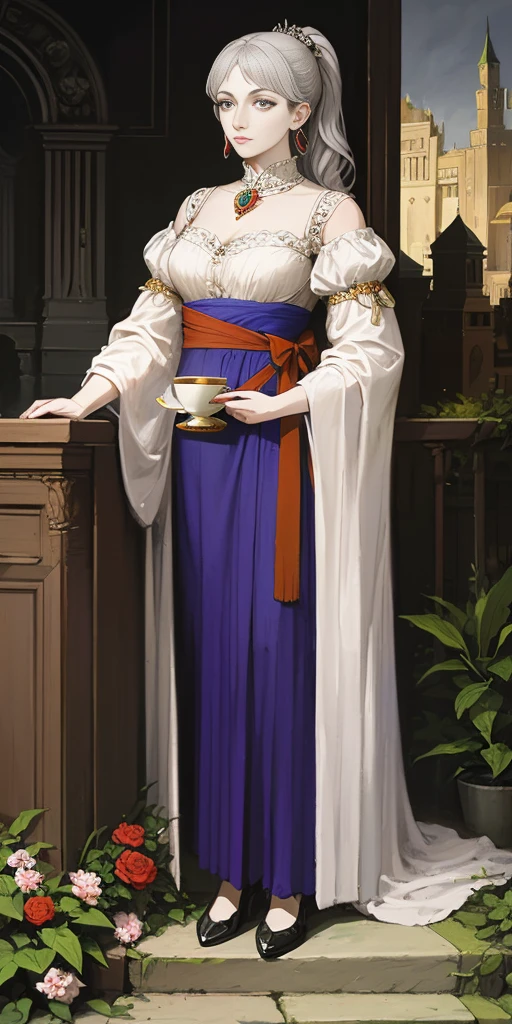 ((Masterpiece, plain background,1:2, masterpiece)) full body Noblewoman standing Gray Hair, Gray Eyes, ponytail, Royalty, Red Jewelry, Red Earrings, Lunar, Nobility, High Quality, Highly Detailed, Detailed Face, Masterpiece, Castle, Drinking Tea, Garden, Flowers, Lights