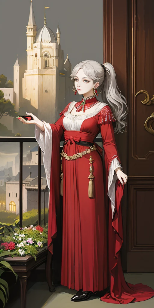 ((Masterpiece, plain background,1:2, masterpiece)) full body Noblewoman standing Gray Hair, Gray Eyes, ponytail, Royalty, Red Jewelry, Red Earrings, Lunar, Nobility, High Quality, Highly Detailed, Detailed Face, Masterpiece, Castle, Drinking Tea, Garden, Flowers, Lights