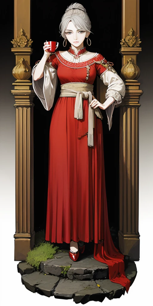 ((Masterpiece, plain background,1:2, masterpiece)) full body Noblewoman standing Gray Hair, Gray Eyes, ponytail, Royalty, Red Jewelry, Red Earrings, Lunar, Nobility, High Quality, Highly Detailed, Detailed Face, Masterpiece, Castle, Drinking Tea, Garden, Flowers, Lights