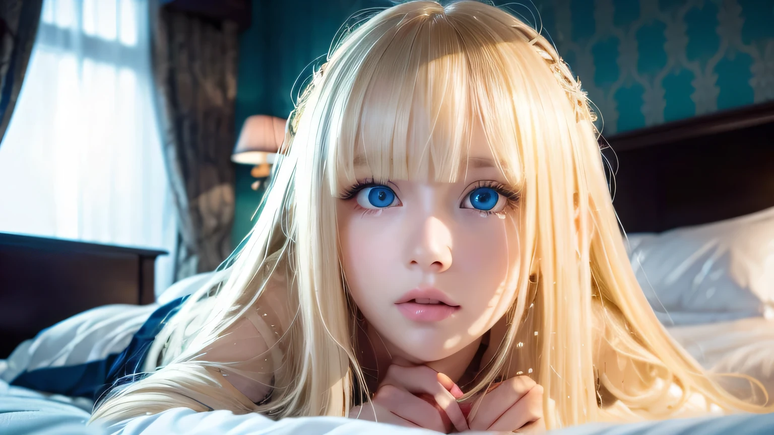 A very white and beautiful 20-year-old blonde girl、Mastepiece, Best Quality, Illustration, Ultra-detailed fine details, Natural platinum blonde with a natural shine、Super long straight silky hair、Super long Rapunzel hair、disheveled bangs above the eyes,、Bangs that cover the face、High resolution, 8K Denden Wallpaper, Perfect dynamic composition, Beautifully detailed large light blue eyes , Very big eyes、of hotel(Bed)、Small Face Beauty、Round face、On all fours、Double eyelids