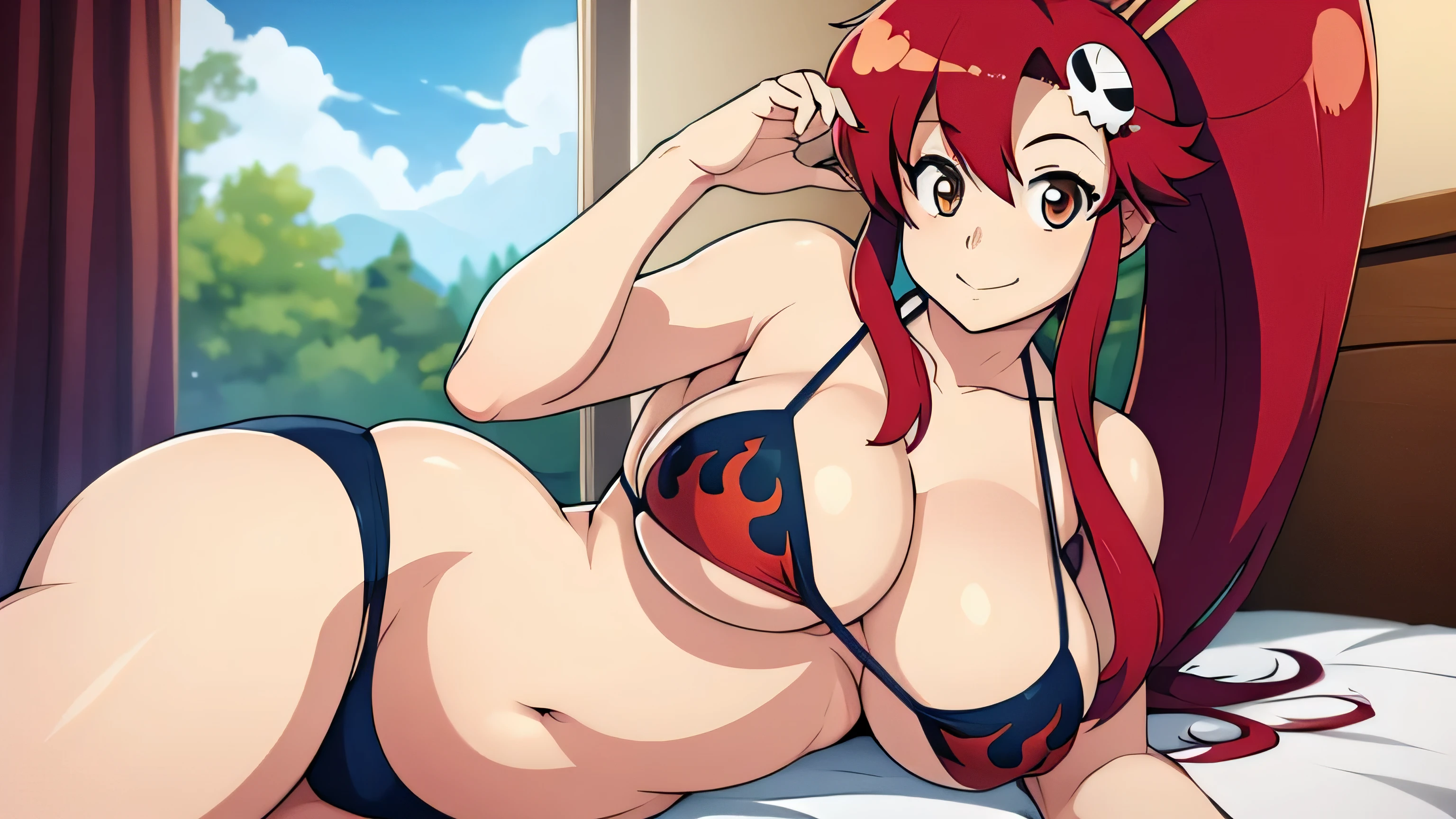 Artist: Tritinity-Fate, Yoko Littner, big breasts, big belly, red hair, bbw, looking at viewer, bedroom, bikini