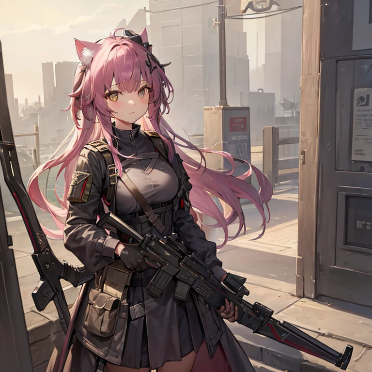 Need to create a single character image，The style is similar to the character portraits of the mobile game Arknights，Race is the film in the game，From the in-game country Victoria，Occupation is the intelligence unit of the country in the game Gray Hat。Age 18 years，Height 1.5 meters。She is a cat girl loli，The hair is pink，Petite and cute，But there is great power hidden under the dark uniform，Good appearance，There is a murderous atmosphere，But the walking posture is a bit silly。She wears combat gloves on both hands，Wearing a mask on the face，There is a grey top hat on his head，However, cat ears can be seen by people without being blocked.。The weapon she holds in both hands is a very large axe，This weapon is even taller than her height.。