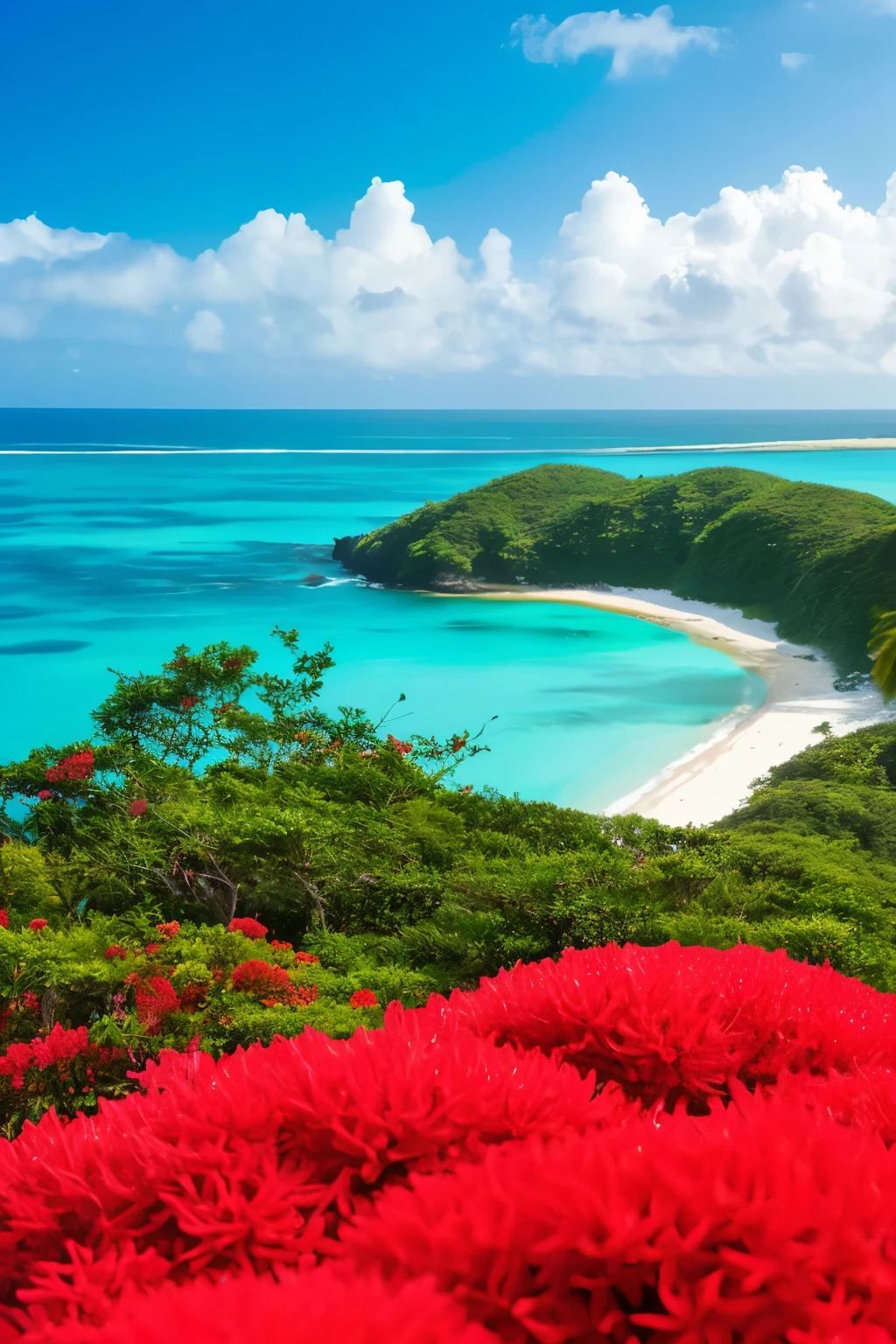 Design visuals that capture the essence of Okinawa's breathtaking landscapes, featuring the vibrant turquoise waters of its beaches and the lush greenery of its islands. Include scenes of iconic hibiscus flowers in vivid red against the backdrop of the ocean, symbolizing the island's natural beauty. Also, portray the rich cultural heritage through images of lively traditional villages at night, where locals in colorful kimonos celebrate with music and dance. These visuals should seamlessly blend the natural tranquility of Okinawa with its vibrant cultural festivals, creating a unique and inviting atmosphere for viewers.