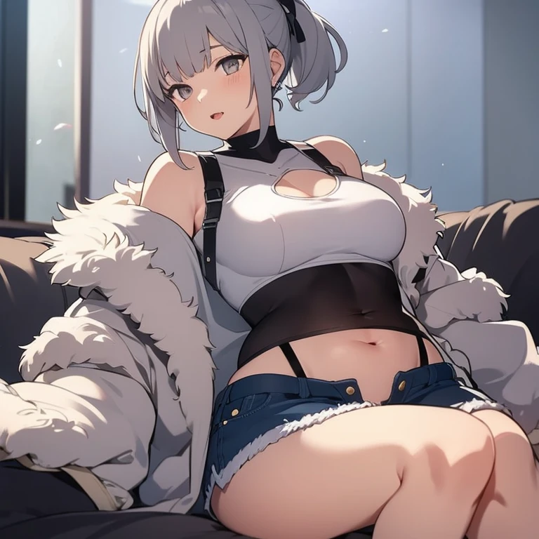 young girl, short gray hair, high ponytail, silver eyes, White leather fur coat, open belly, open breasts, Shorts, Masterpiece, hiquality