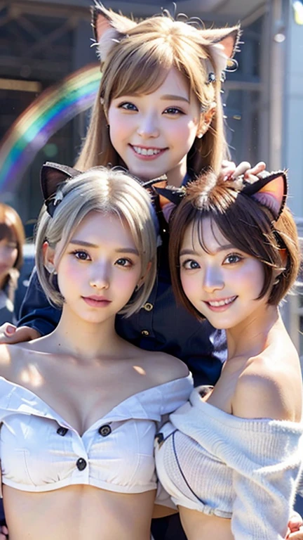 masterpiece, 4K, Bokeh, Beautiful Face, Harem, (Multiple Girls:1.4), (Group photo:1.5), (Cat ear:1.3), (white bob hair:1.3) , Looking at the audience, Cowboy Shot, With many cats in his arms, (bibid rainbow background :1.4), ((sexy button down shirt))、See-through、Off the shoulder、close
