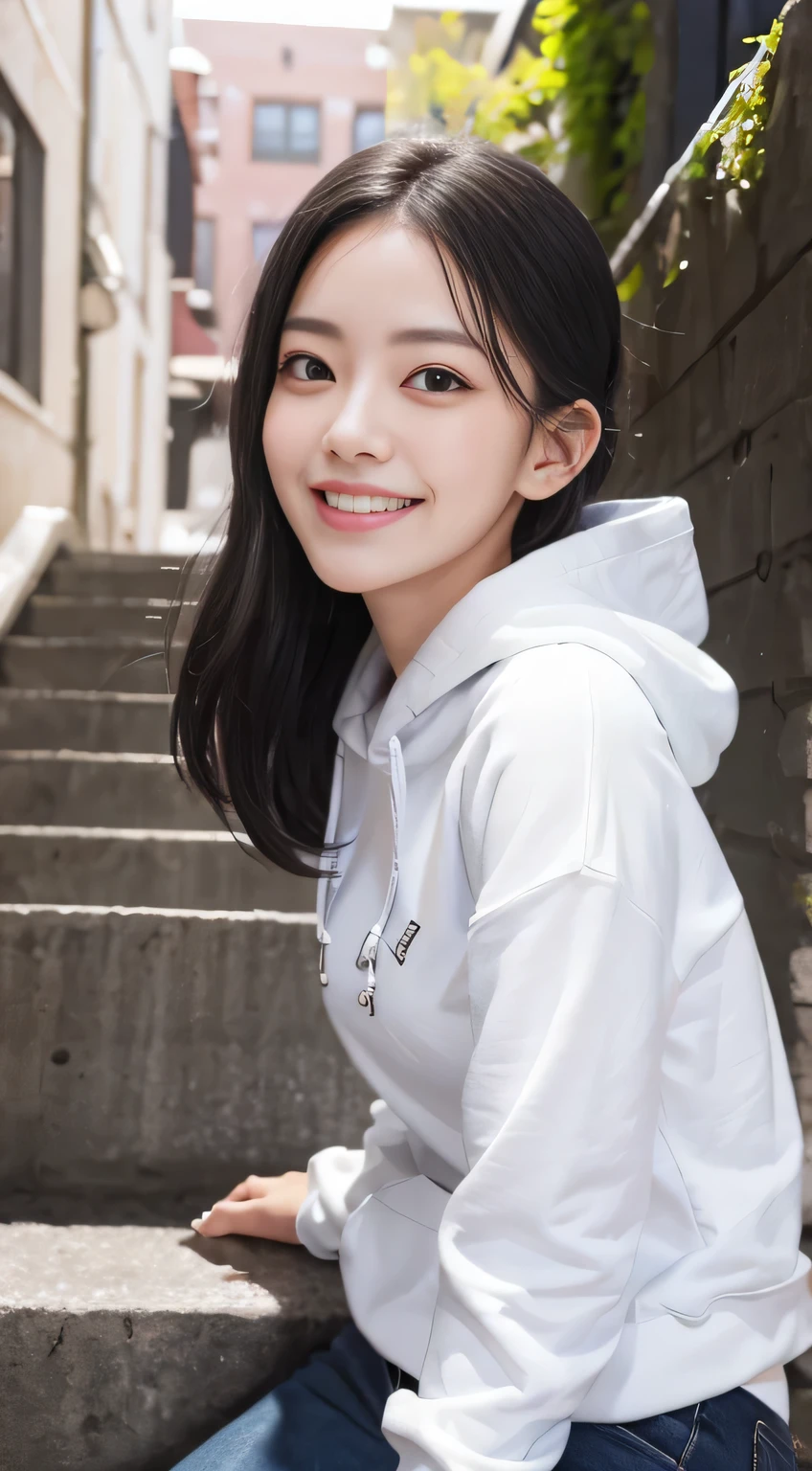 highest quality、8K、Clear Beauty、hoodie、
Gums are visible、smile、Upper Body、Black Hair、Stairs in the background、Ear piercing