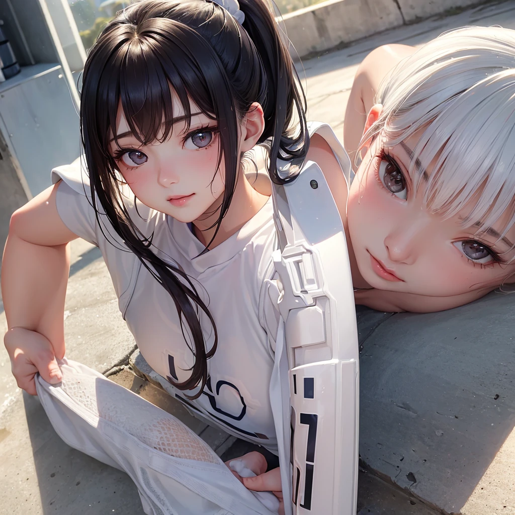 (masterpiece,highest quality,超A high resolution),Japanese women, (((Very beautiful 20 year old girl))), pretty girl、Look at the photographer､  ((Beautiful low ponytail)), Very cute face, Glossy Lips, Double eyelids on both eyes,Natural smile、 Natural Makeup, Long eyelashes, Shiny and smooth hair､Center image,  Perfect limbs, Perfect Anatomy,(((White Football Uniform))),(Wet with sweat),Man&#39;s Continuity,((Sit with your legs wide apart))、Camel Toe、Giant tit、Nipple Puffs、Cleavage、Plump、Super big breasts、Super big butt