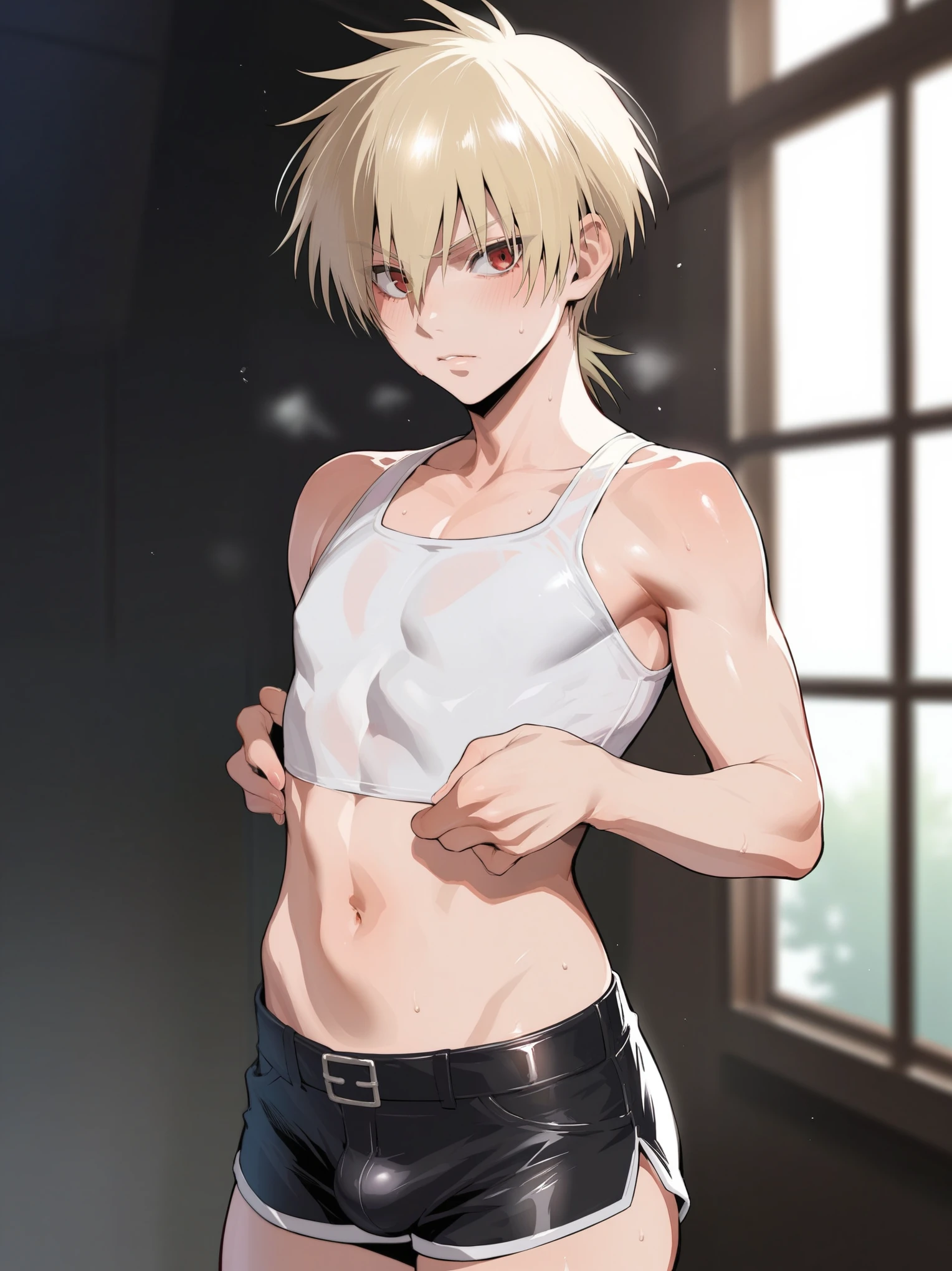 score_9, score_8_up, source_anime, standing, hellsing, seras, femboy, , shorts, otoko no, crop top, indoors, ikuchan