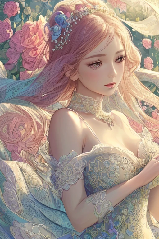 (best quality, highres, ultra-detailed:1.2), stunning flower dress, delicate floral pattern, flowing fabric, ornate design, intricate embroidery, graceful silhouette, feminine curves, vibrant colors, enchanting garden backdrop, soft natural lighting, dreamy atmosphere, elegant pose, confident expression, detailed facial features, captivating eyes, rosy lips