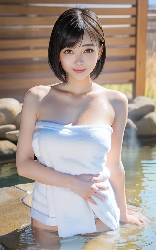 Masterpiece, Best-quality, RAW-photo, Ultra-High-Resolution, Photorealistic, (Anatomically correct, 22-years-old, Realistic Japanese girl, photographer's lover, She truly loves photographer, baby face, cute face, Slender body, slim waist and busty body, Slender legs, Realistic skin), ((take a bath)), ((wrap a towel around body:1.3)), (maiko, Round face, Black hair, Moist eyes, Shining eyes, Short bob cut, Bangs, Down-slating eyebrows, one little earring, Light blush), (See photographer, look at viewer, standing, she is soaking in a hot spring bath), (goddess smile, pamper someone you love, facial expressions that seduce men), (Japanese hot springs, open-air bath), Natural lighting, bright lighting, professional lighting, (front lighting), natural smile, fair skin, beautiful thighs,