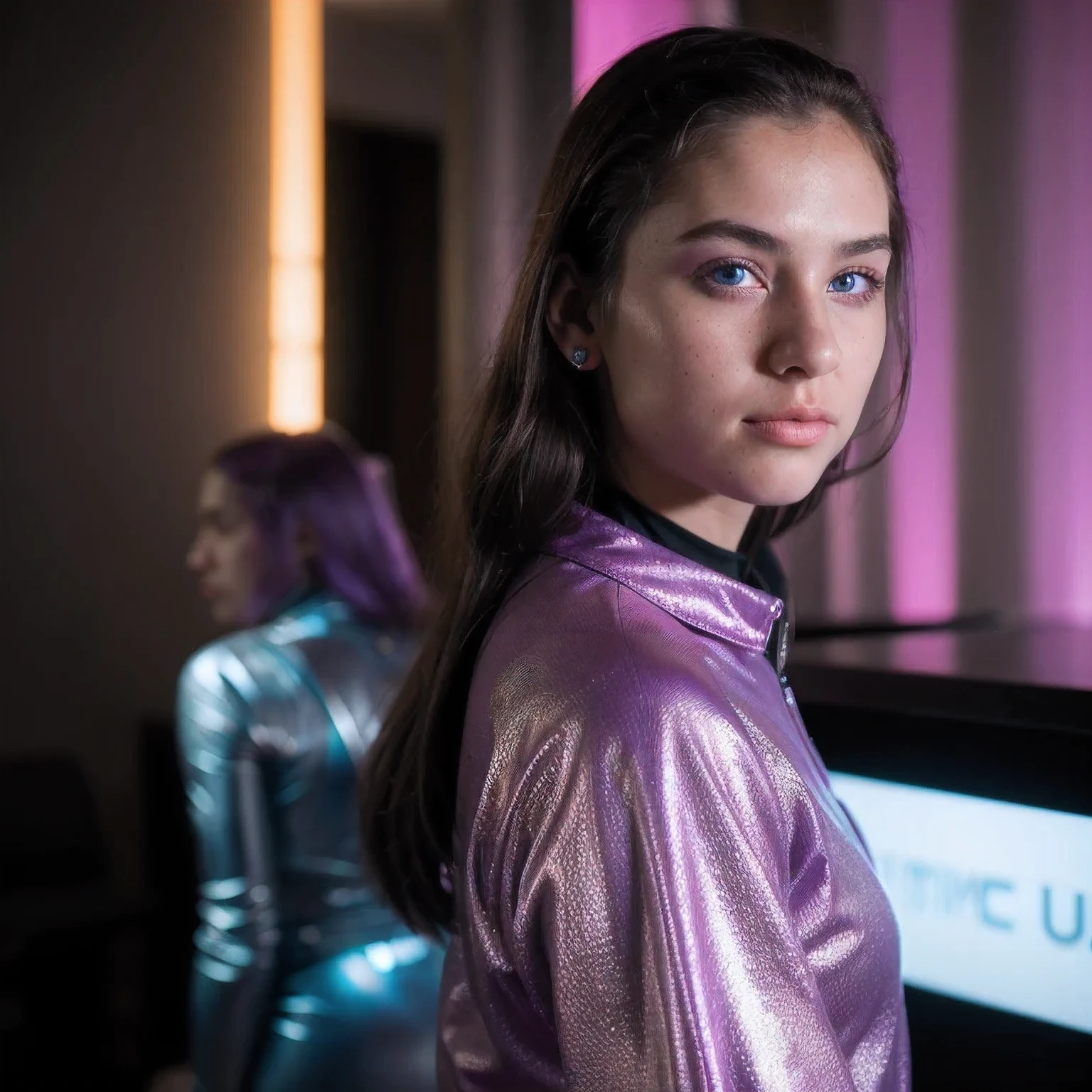 photo of a college student，16 years old, in Purple Pink, futuristic space suit, (freckles:0.8) cute face, sci-fi, dystopian, detailed eyes, cobalt blue eyes（（Side view））Disco bar
