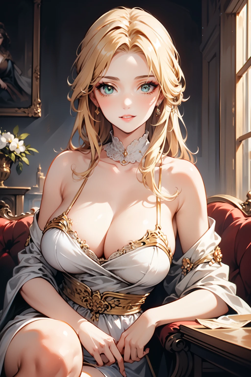 masterpiece, best quality, ultra-detailed, illustration,(1 woman), beautiful detailed eyes, long blonde hair, green eyes, wearing a detailed baroque, (big breasts), cleavage, sitting, half image, ((mature woman)),  red lips, [:edgOiran_makeup,edgOiran_hairstyle,perfect edgOiran_face::0.5]
