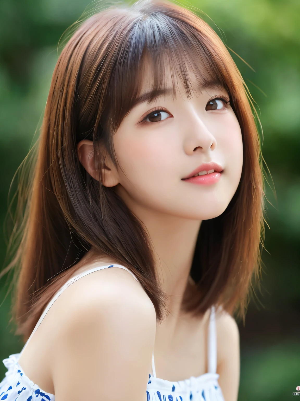 ((cute little japanese girl、Beautiful japanese girl、1 girl in、age19、poneyTail、Highly detailed facial and skin texture、refinement、hyperdetailed face、ultradetailed eyes、blusher、blush、teak、cheeks painted with pink teak、close-up of woman、bustup、Face facing the frontage、Body facing forward、Looking at the camera、frontage、cute little、smooth white skin、Transparent skin texture、))、(dark brown hair、bangss)、Beautiful Women in Perfect Style:1.4、Japan models、Young gravure idols、Young cute little gravure idol、Realistic Young Gravure Idol、sophisticated gravure idol、((top-quality、in 8K、masterpiece:1.3、1Photo))、(4K、RAW Photography、top-quality)、(reallistic、photorealistic:1.37)、Place a person across the screen、natural soft light、upper body and head、refinement、