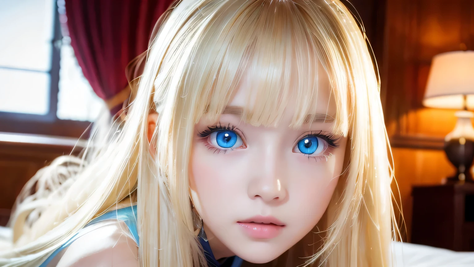 A very white and beautiful 20-year-old blonde girl、Mastepiece, Best Quality, Illustration, Ultra-detailed fine details, Natural platinum blonde with a natural shine、Super long straight silky hair、Super long Rapunzel hair、disheveled bangs above the eyes,、Bangs that cover the face、Hair worn in front、High resolution, 8K Denden Wallpaper, Perfect dynamic composition, Beautifully detailed large light blue eyes , Very big eyes、of hotel(Bed)、Small Face Beauty、Round face、On all fours、Double eyelids