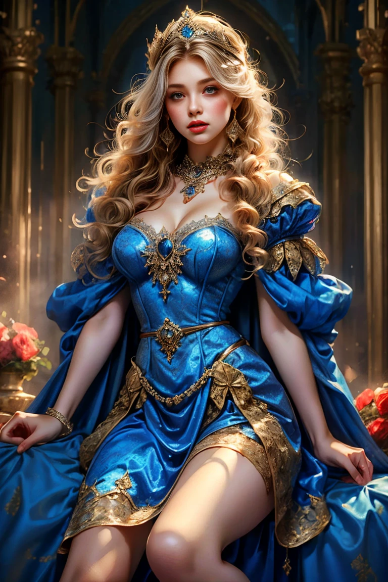 (Medieval fantasy style female princess), whole body, Wearing a headscarf, luxury crown, blue eyes, blond, ************, (Red and silver headscarf), (Knee Shot:1.5), Sexy, blue eyes, Extra large breasts, Pointy huge breasts gorgeous jewelry, Lips slightly open, Keep your lips elegant and charming, (blush), Contempt, Calm and handsome, (Medieval fantasy dress, Beautiful big pointed breasts, Small waist, Perfect body, Blue delicate pattern, Red cape), oc rendering reflection texture, Sexy style, Medieval Castle Background, Slim body, Very small waist, (erect nipples see trough dress), high resolution, original photo, real picture, Digital Photography, (UHD, award winning), masterpiece, best quality, 8K, anatomically correct, textured skin, ccurate