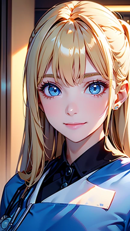 Best quality , masterpiece, Portrait、、Bright expression、ponytail、Young, shiny, white, glossy skin、Gloss Face、Shining Cheek Gloss、(Small Face Beauty:1.1)、The best beauty、The dazzling light of blonde hair、Bright blonde hair with dazzling highlights、Very beautiful shiny light blonde hair、super long silky straight hair、Her shiny, beautiful bangs are covering her eyes.、Sparkling, clear, attractive, bright, large, pale blue eyes、Very big eyes、eyeliner、very beautiful lovely cute 16 year old girl、Ample Bust, upper body , (smile) ,beautiful bangs are covering her eyes, ((((doctor costume ))))