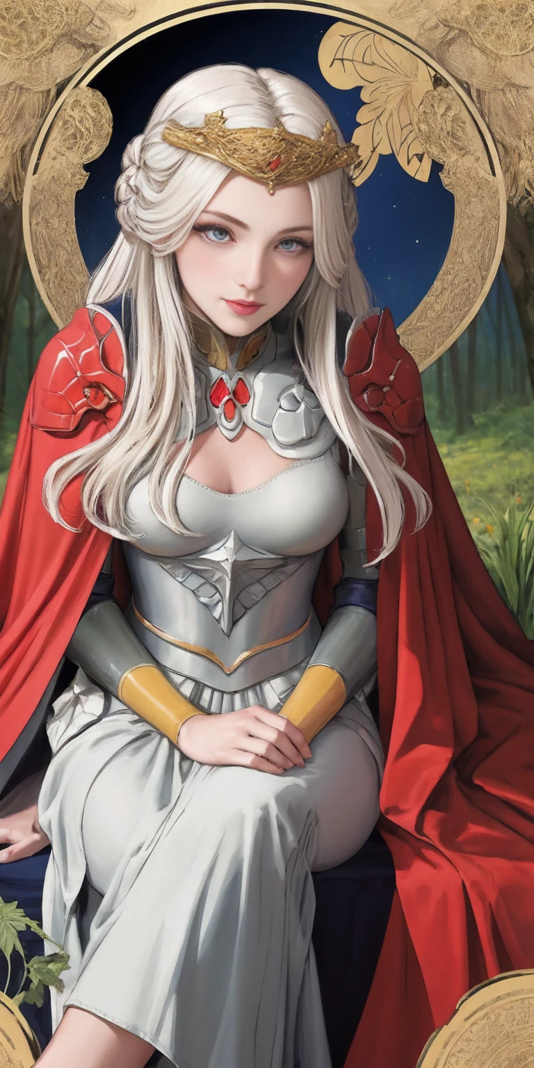 (masterpiece, best quality) (the empress:1.15) (art nouveau:1.2) (red cape) (red throne:1.12) (sunshine, sky, river, forest) (face focus, upper body) 1girl sitting, solo, platinum blonde, long hair, curtain, armored dress, queen dress, aurora expressionless, red eyes, very long hair, alphonse mucha, tiara, tiara, crossing legs, highly intricate details, realistic light, smile