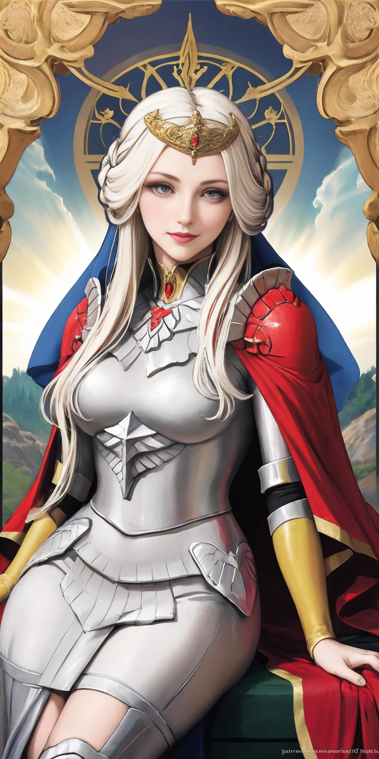 (masterpiece, best quality) (the empress:1.15) (art nouveau:1.2) (red cape) (red throne:1.12) (sunshine, sky, river, forest) (face focus, upper body) 1girl sitting, solo, platinum blonde, long hair, curtain, armored dress, queen dress, aurora expressionless, red eyes, very long hair, alphonse mucha, tiara, tiara, crossing legs, highly intricate details, realistic light, smile