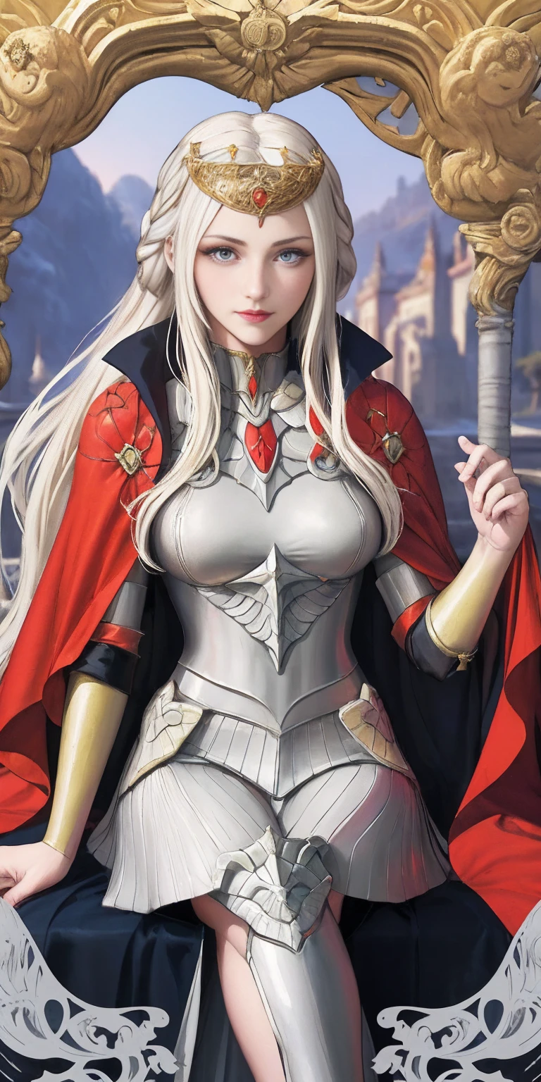 (masterpiece, best quality) (the empress:1.15) (art nouveau:1.2) (red cape) (red throne:1.12) (sunshine, sky, river, forest) (face focus, upper body) 1girl sitting, solo, platinum blonde, long hair, curtain, armored dress, queen dress, aurora expressionless, red eyes, very long hair, tiara, tiara, crossing legs, highly intricate details, realistic light, smile
