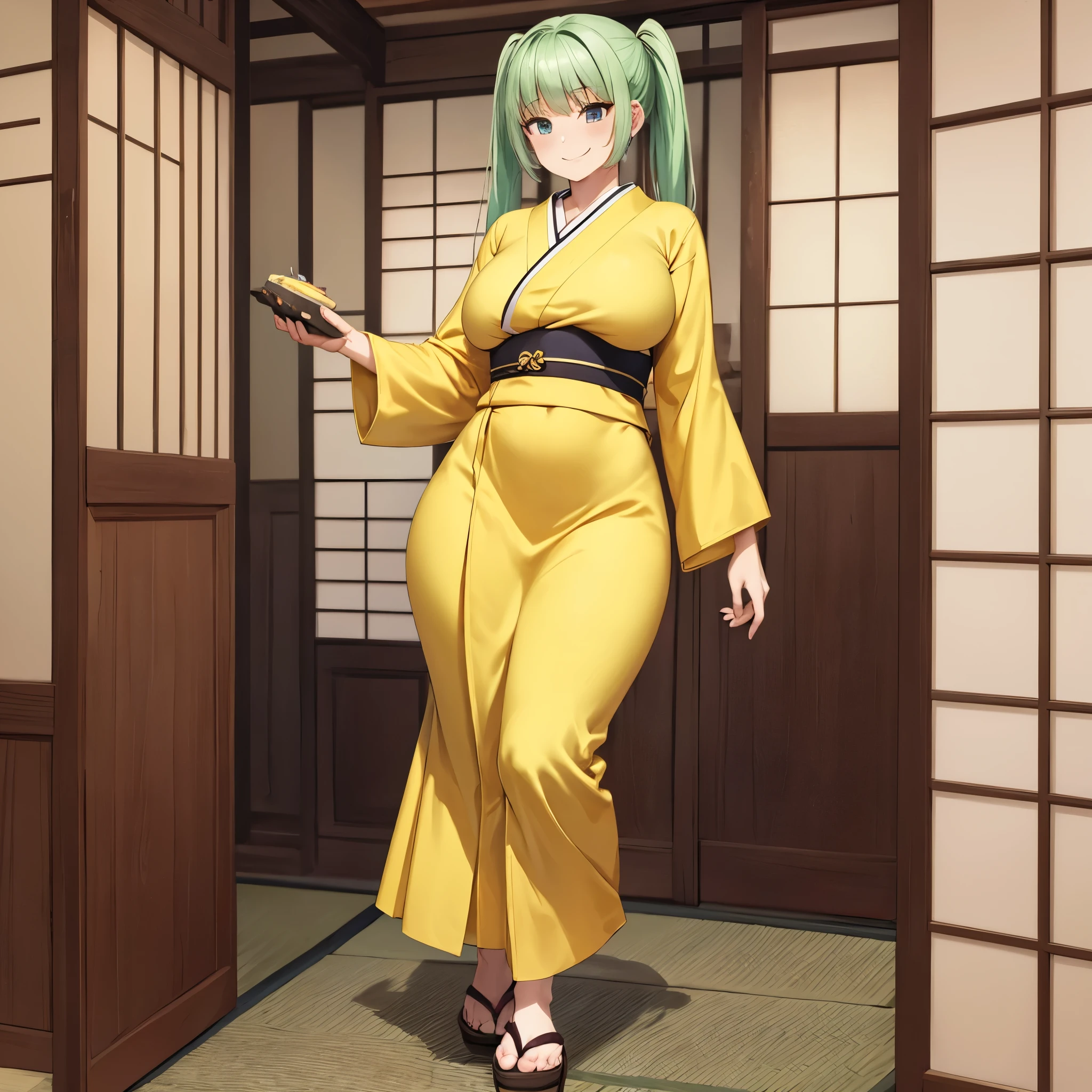 A woman wearing a yellow kimono with black details, long sleeves, weak green hair, pigtails, walking in a room of a Japanese house, smiling, big breasts, full body,.Surrealism, drop shadow, anaglyph, stereogram, tachi-e, pov, atmospheric perspective, 8k, super detail, ccurate, best quality, award winning, textured skin, highres, anatomically correct, (woman solo)

