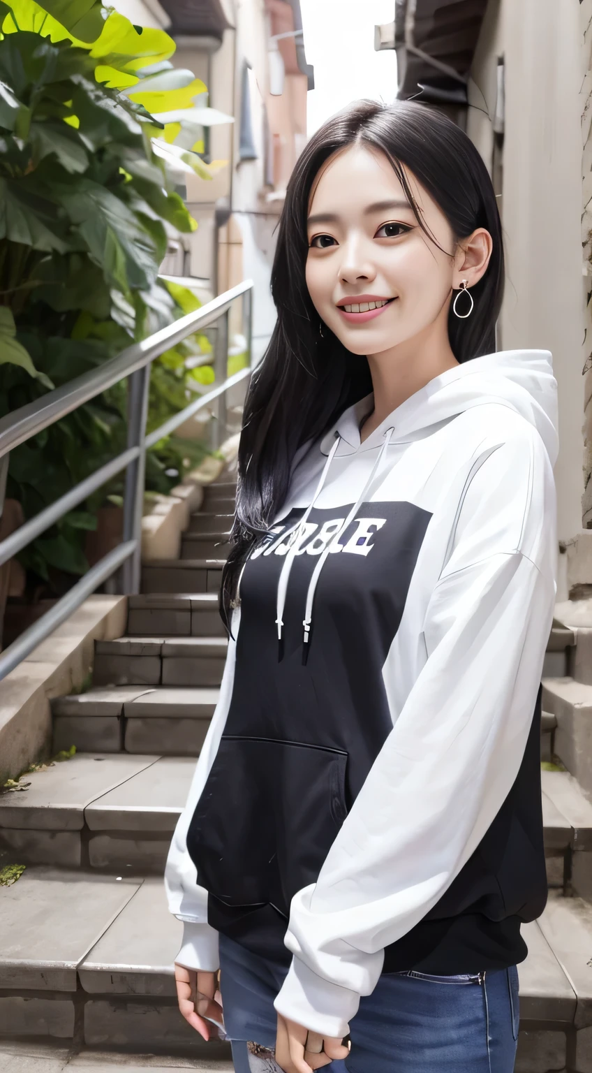 highest quality、8K、Clear Beauty、hoodie、
Gums are visible、smile、Upper Body、Black Hair、Stairs in the background、Ear piercing: Body facing forward