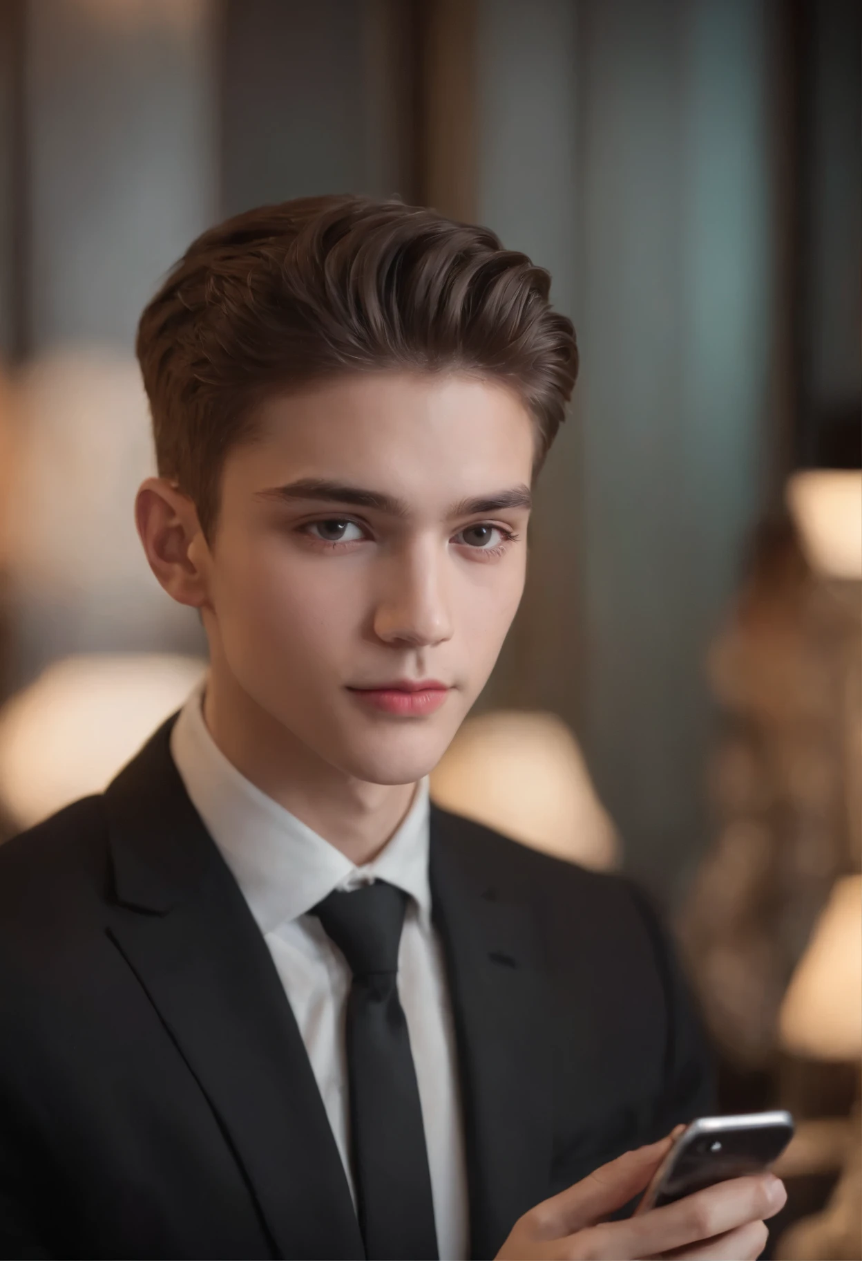 A 20-year-old boy in a black suit having an iPhone conversation at a restaurant. The boy has beautifully detailed eyes, lips, and face with long eyelashes. The background of the scene is illuminated by studio lighting, creating a vibrant atmosphere. The image has ultra-detailed and high-resolution quality, capturing every intricate detail. The portrait style highlights the boy's features, and vivid colors enhance the overall visual impact. The focus is incredibly sharp, ensuring clarity and precision in the image.