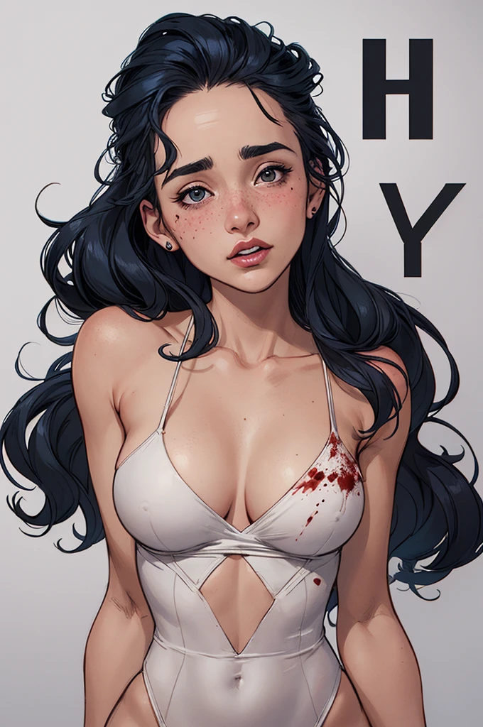 Character style illustration style Completely bare breasts showing a little fear Breast size Cartoon name: Isabella Cruz white background medium breasts freckled face Jennifer Connelly actress strong contours Physical description - long straight hair, tingidos de um marrom vibrante que contrasta com sua pele clara. - You reflect a mix of curiosity and determination. - Ela tem uma estatura alta, with a slender and agile figure, evidenciando sua agilidade e destreza. -fundo colorido Design de personagens de retrato, beautiful digital illustration, retrato de alta qualidade, Arte em quadrinhos, Corpo inteiro sensualizando ou pelada. folha de retorno. return sheet clothes of the day hellish day expression of hate and blood on the face