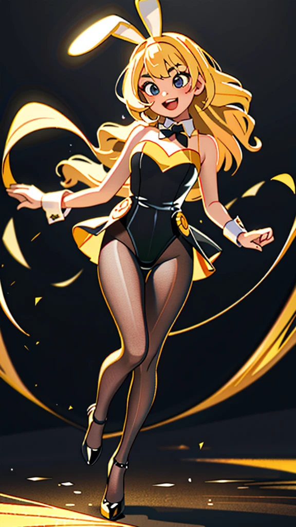 1female\(cute, kawaii,solo,age of 20,skin color white,blg smile,open mouth,hair floating,hair color light blonde,long hair,eye color is cosmic,big eyes,breast,black bunny suit,black leotard,black bunny ears,bunny tail,wrist cuffs,detached collar,black ribbon tie,fishnet tights,black high heel,cute pose,(full body:0.7)\), BREAK ,background\(inside, at pub,at bar,alcohol,glittering\), BREAK ,quality\(8k,wallpaper of extremely detailed CG unit, ​masterpiece,hight resolution,top-quality,top-quality real texture skin,hyper realisitic,increase the resolution,RAW photos,best qualtiy,highly detailed,the wallpaper,cinematic lighting,ray trace,golden ratio\),(close up:0.6),better hands,[nsfw:2.0]