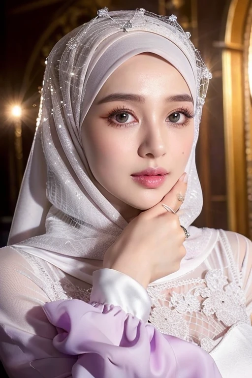 ((best quality)), ((masterpiece)), (detailed), perfect face, a close up of a woman wearing a hijab, large purple diamonds, elegant glamourous cosplay, digital marketing, white powder makeup, nge, soft makeup, romantic dress, cleric, streaming, beautifully ordinated, netting, photoreal details, female cleric, colour led