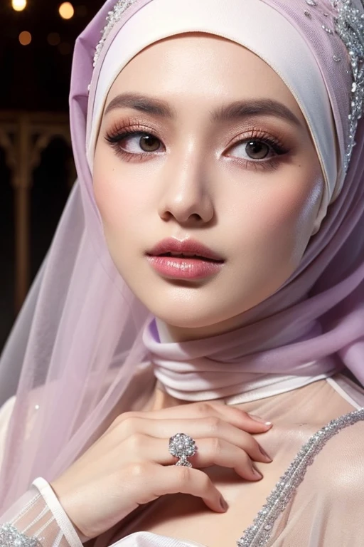 ((best quality)), ((masterpiece)), (detailed), perfect face, a close up of a woman wearing a hijab, large purple diamonds, elegant glamourous cosplay, digital marketing, white powder makeup, nge, soft makeup, romantic dress, cleric, streaming, beautifully ordinated, netting, photoreal details, female cleric, colour led