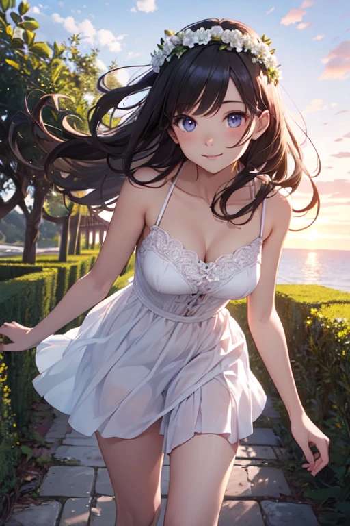 Very cute and beautiful girl wearing a white flower crown,White camisole、Pink it、
(Very exquisite beautiful face and eyes:1.2),(Lavender Garden),stone path,Distant Sea,Beautiful summer sky,
(Mid Shot:1.15),Leg details,smile,Black Hair,Dynamic pose,Dynamic Angle,View your viewers,
(highest quality,masterpiece:1.2),(Intricate details),1 girl,alone,High resolution,Natural light,Hair blowing in the wind,