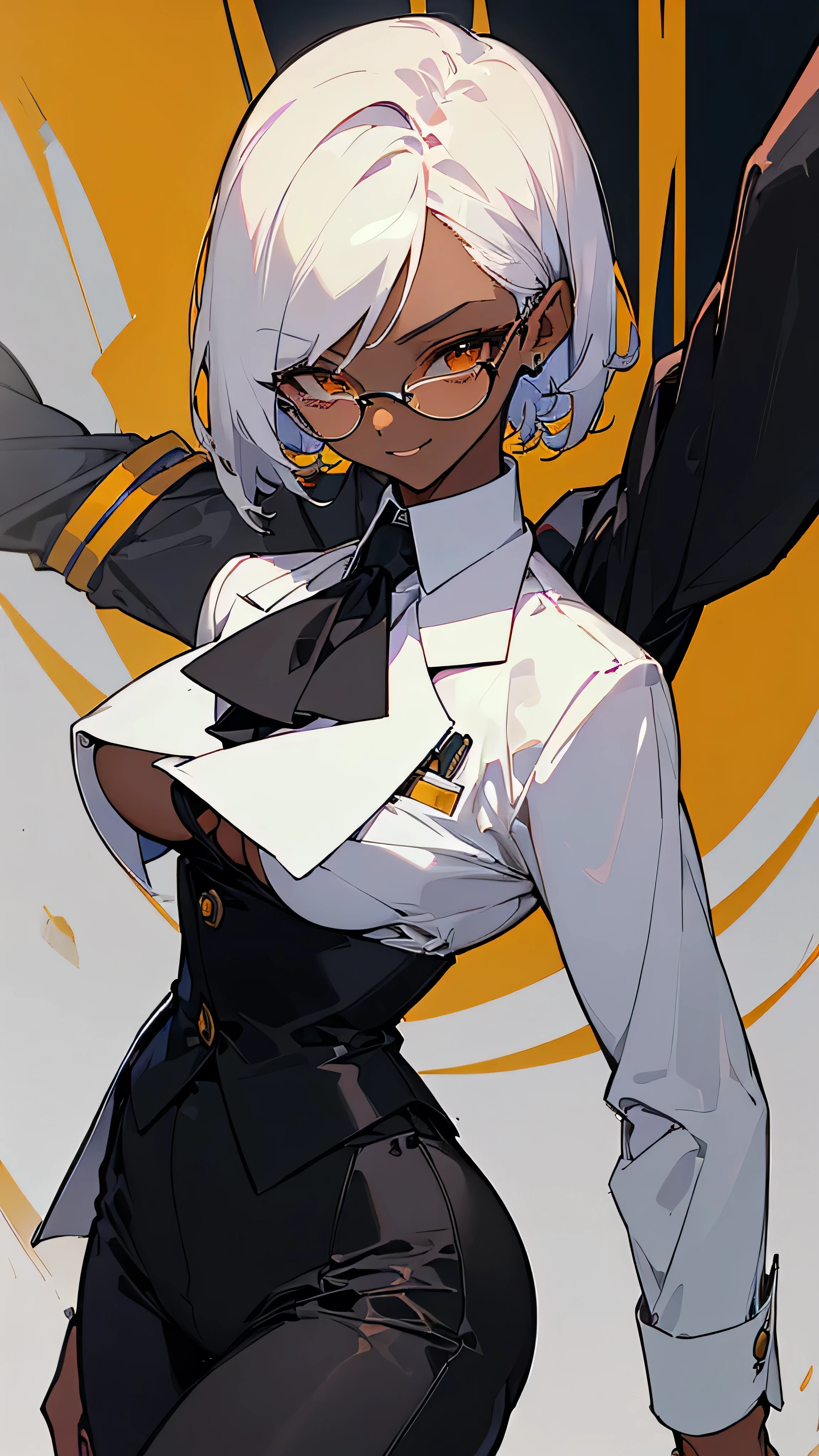 (highest quality、masterpiece:1.2) 1 Female、adult、((Dark skinned women、long white short hair、Hair over the ears)) Golden Eyes、Glasses、((Black business suit、Black tailored jacket、White shirt、Black pantsuit)) (Office Background) (Malicious smile) sharp eye, underboob,