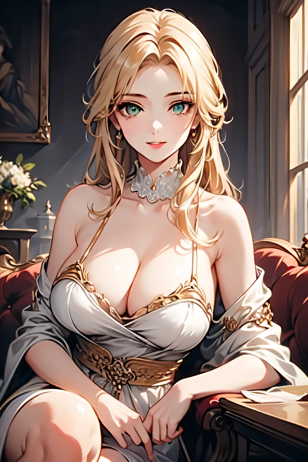 masterpiece, best quality, ultra-detailed, illustration,(1 woman), beautiful detailed eyes, long blonde hair, green eyes, wearing a detailed baroque, (big breasts), cleavage, sitting, half image, ((mature woman)),  red lips, [:edgOiran_makeup,edgOiran_hairstyle,perfect edgOiran_face::0.5]
