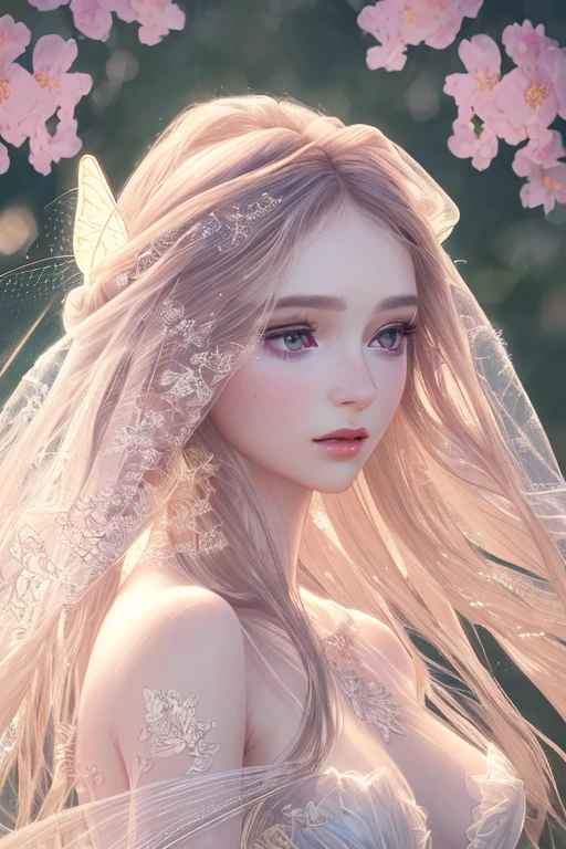 (best quality,4k,8k,highres,masterpiece:1.2),ultra-detailed,realistic,floral butterfly elegant sheer dress,beautiful detailed eyes,beautiful detailed lips,longeyelashes,flowing hair,feminine silhouette,soft and delicate fabric,ethereal,graceful motion,bright and vibrant colors,portrait,studio lighting,bokeh