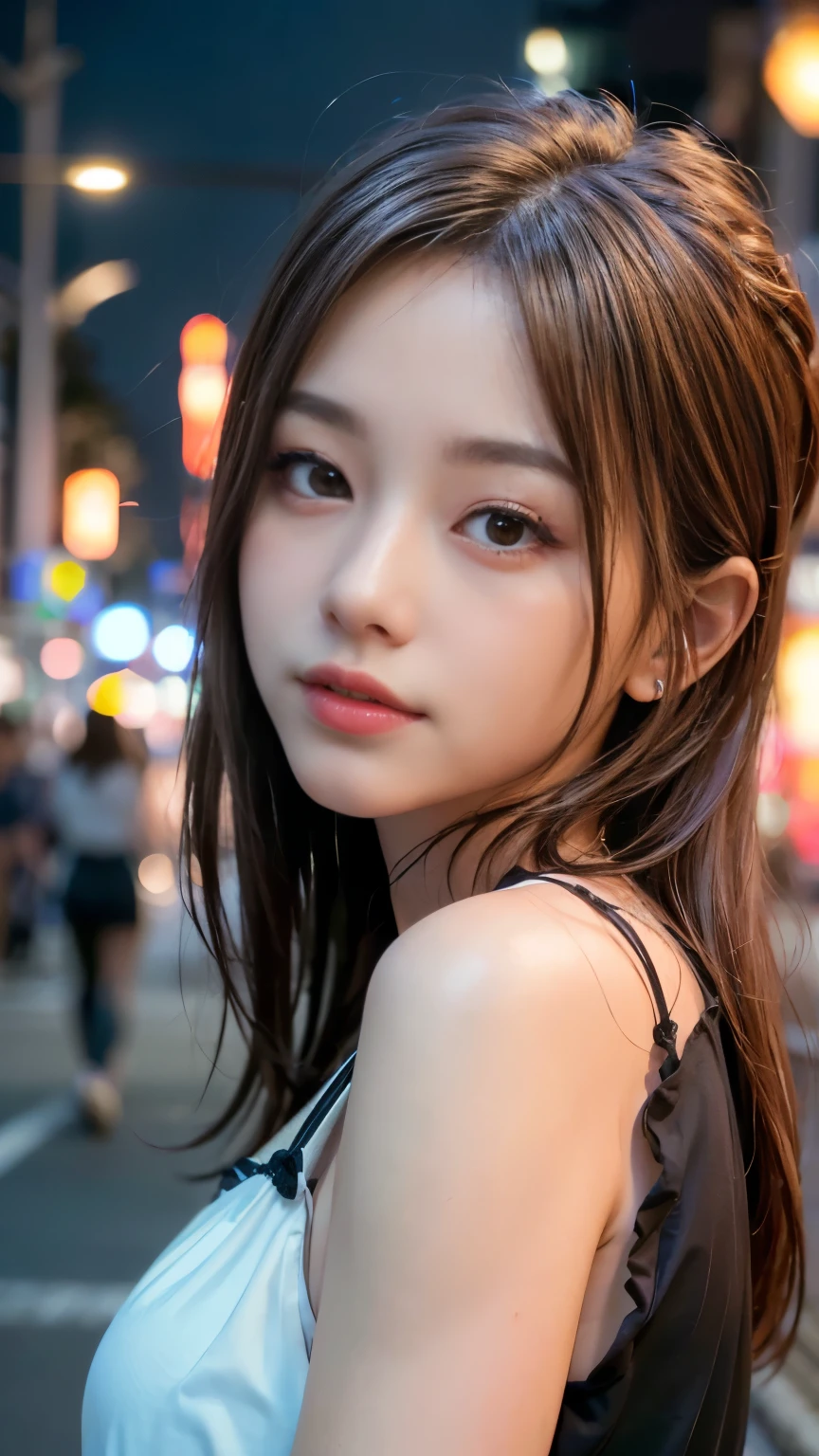1 girl, Tokyo Street,night, Streetscape,City lights,Upper Body,close,smile,, (8k, RAW Photos, highest quality, masterpiece:1.2),(Realistic, photo-Realistic:1.37),