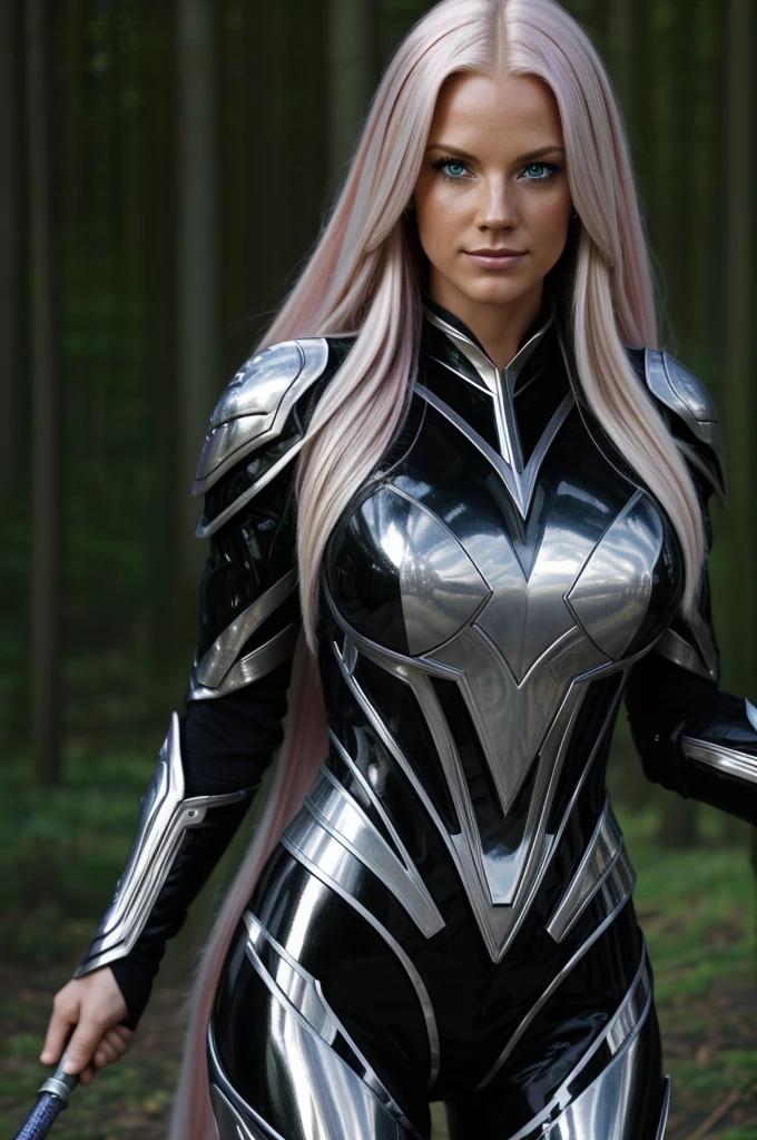 (best quality,4k,8k,highres,masterpiece:1.2),ultra-detailed,realistic, long flowing hair (half pink half platinum blonde), vibrant blue eyes, elegant facial features, porcelain skin, enchanting smile, having an air of mystery, wearing a form-fitting shiny black combat suit, pink and silver armor accents, intricate magical tattoos on her arms, wielding a sparkling silver staff with a crystal at the top, surrounded by a shimmering aura of light, raindrops glistening on her body, creating a mesmerizing effect, rain pouring down heavily, showcasing her determination, blurred background with shadows of lurking evil, intense lighting illuminating her figure, creating a dramatic atmosphere, a magical girl symbol glowing on her chest, symbolizing her strength and destiny, embracing her powers to protect the world from darkness, the embodiment of beauty and power in the face of adversity.