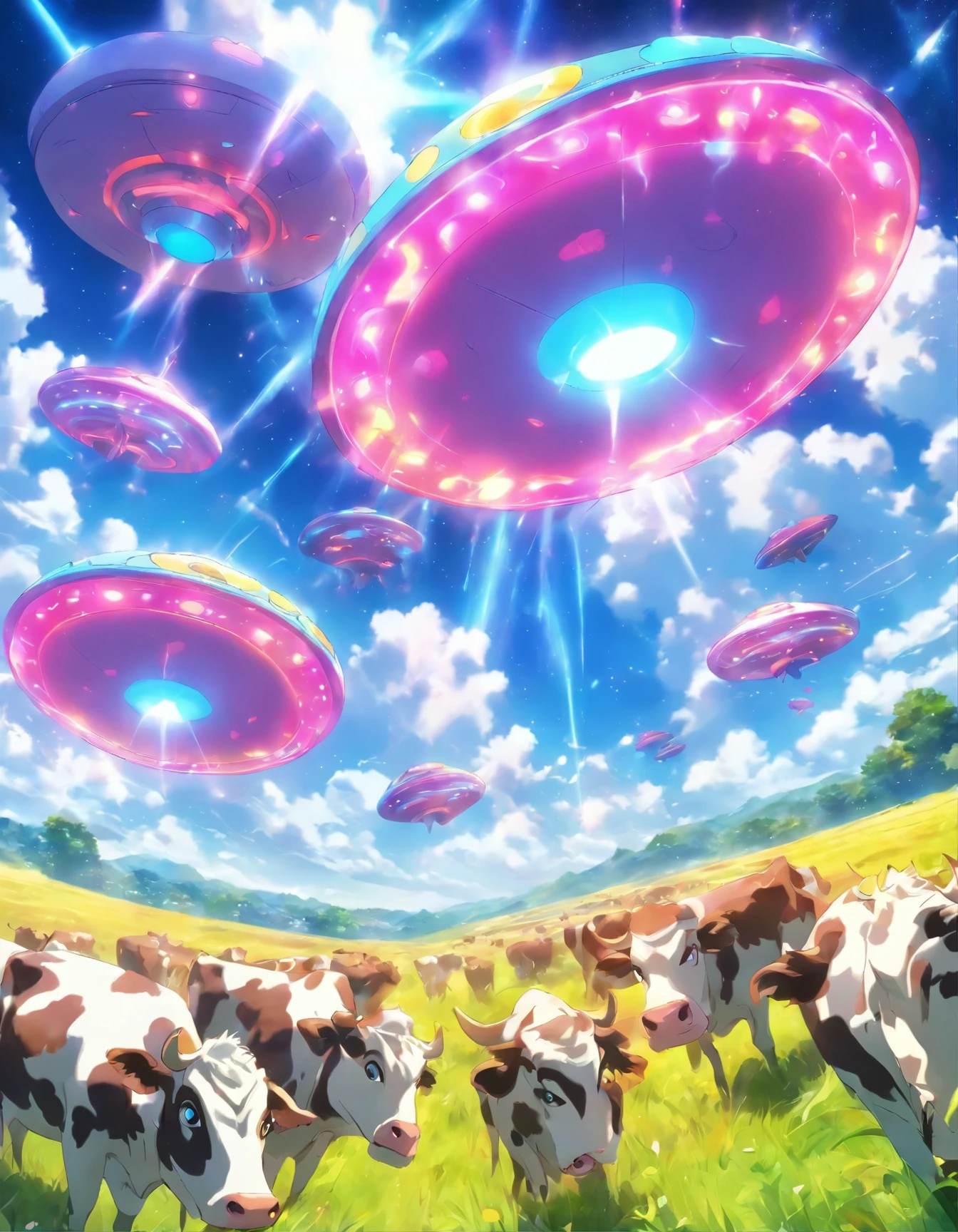 Flying saucers beaming up cows in a field.