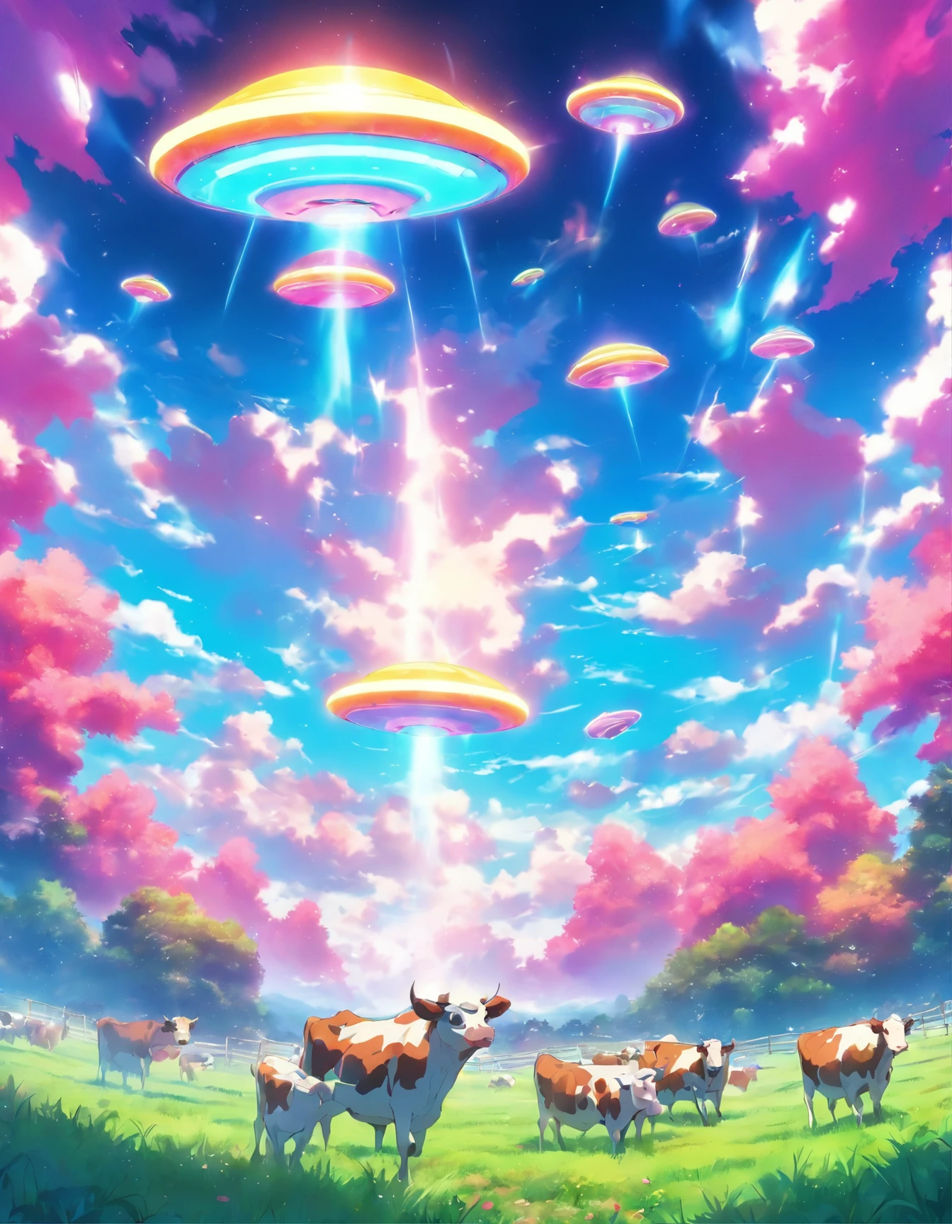 Flying saucers beaming up cows in a field.