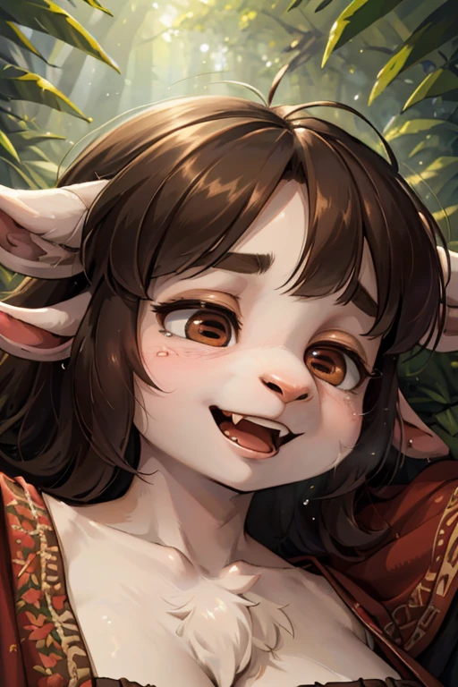 (closeup face:1.8) , (hairy Short stature goat girl) , (realistic hairy fur:1.2) , round face , (tilt face:1.3) , Horizontal pupil , round eyes , Swollen Mumps cheeks , (close eyes:1.5) , glossy lips , Collarbone , (wide open mouth) , Eyes facing upwards,  Exhale white breath , in the fantasy forest , (wearing Primitive fabric:1.2) , (Lying back:1.2) , pain smile