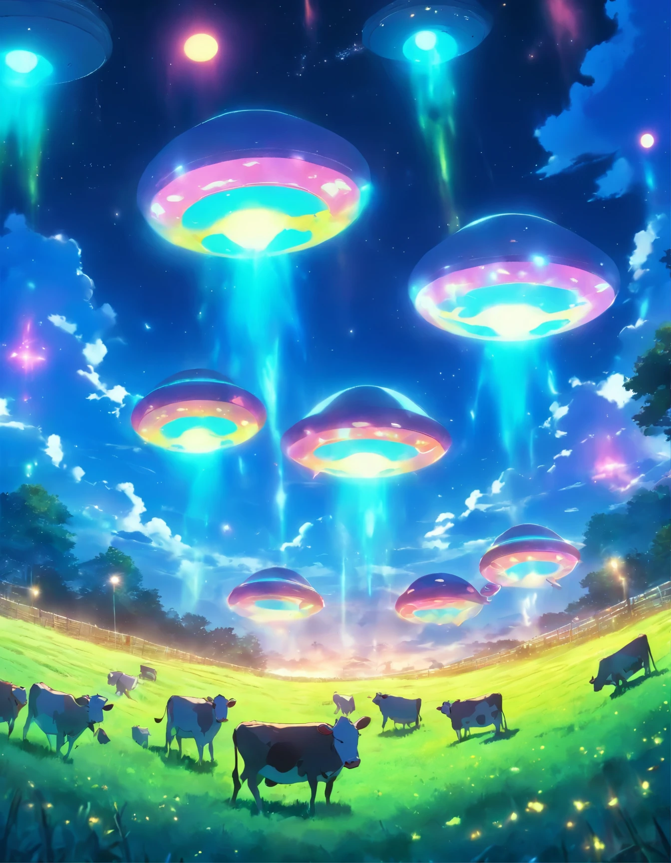 Flying saucers beaming up cows in a field at night.