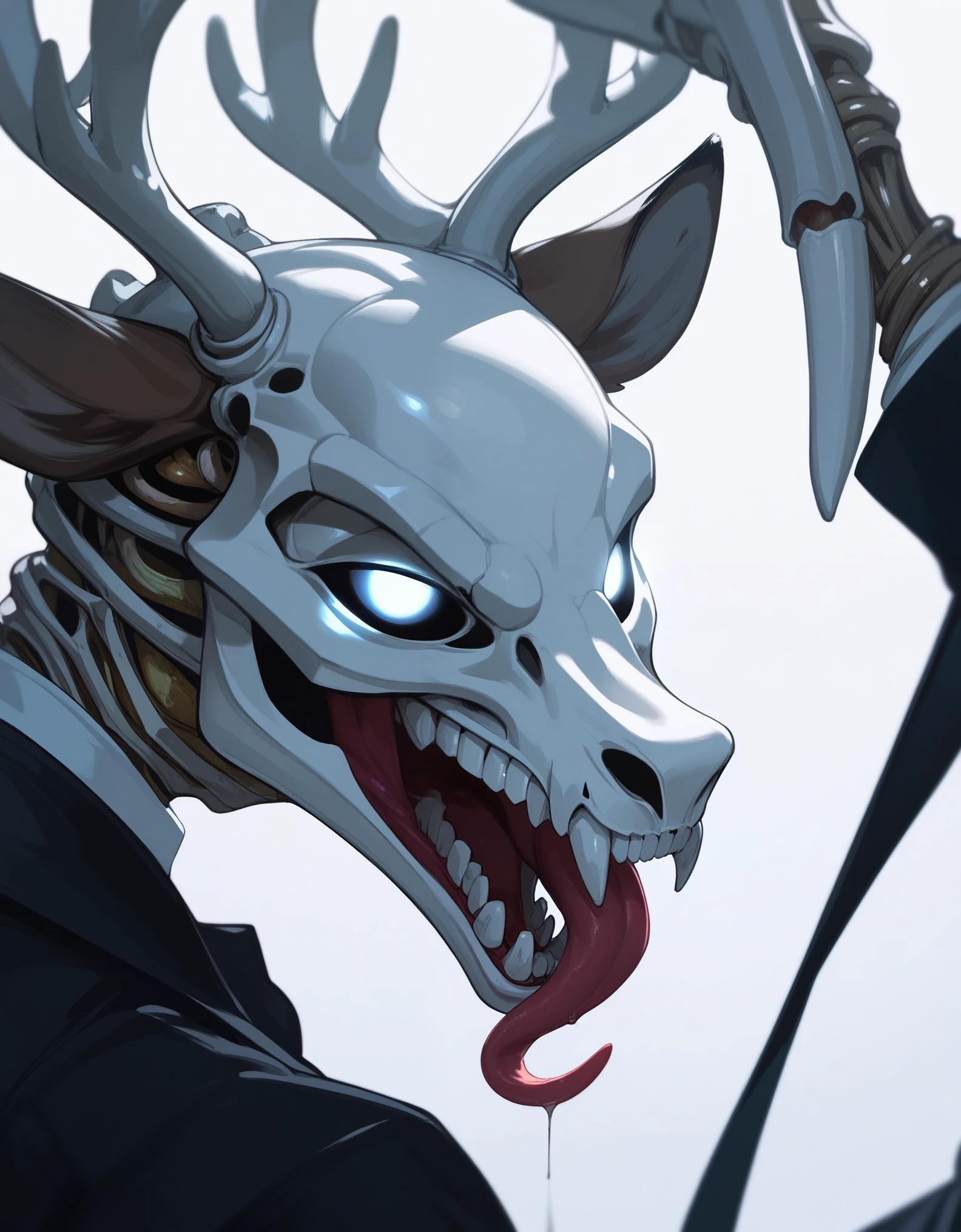 Solo, score_9,score_8_up,score_7_up, solo, an Anthro deer skeleton, empty deer skull, deer antlers glowing white eyes, wearing black suit and tie, close up, grin, long tongue out, 