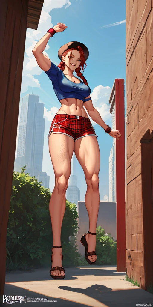 1sologirl, beautiful, perfect lighting, muscular, thick thighs, mature woman, milf, navel, abdomen, looking at the viewer (masterpiece, high quality: 1.1), cowboy hat, freckles on body, barn, pale skin, red hair, braid, , short shorts, plaid shirt, skindentation, neckline, smile, thicc, cutesexyrobutts, cel-shaded art style, in fighter poses, highly detailed exquisite fanart, female protagonist 👀 :8, commission for high resolution, fighter pose, full body commission for, high quality fanart, various pose, cushart kenz, king of fighters character, Cammy White poses of street fighter