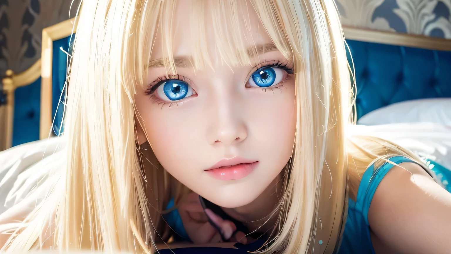 A very white and beautiful 20-year-old blonde girl、Mastepiece, Best Quality, Illustration, Ultra-detailed fine details, Natural platinum blonde with a natural shine、Super long straight silky hair、Super long Rapunzel hair、disheveled bangs above the eyes,、Bangs that cover the face、Hair worn in front、High resolution, 8K Denden Wallpaper, Perfect dynamic composition, Beautifully detailed large light blue eyes , Very big eyes、of hotel(Bed)、Small Face Beauty、Round face、On all fours、Double eyelids