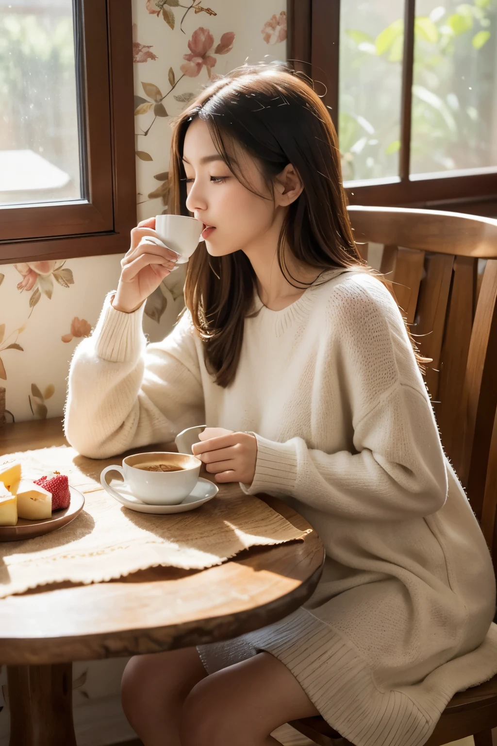 a girl eating breakfast at home, realistic, cozy atmosphere, natural lighting, detailed facial features, serene expression, comfortable clothing, morning sunlight streaming through the window, wooden dining table, fresh fruits and pastries, steaming cup of coffee, floral wallpaper, peaceful ambiance.