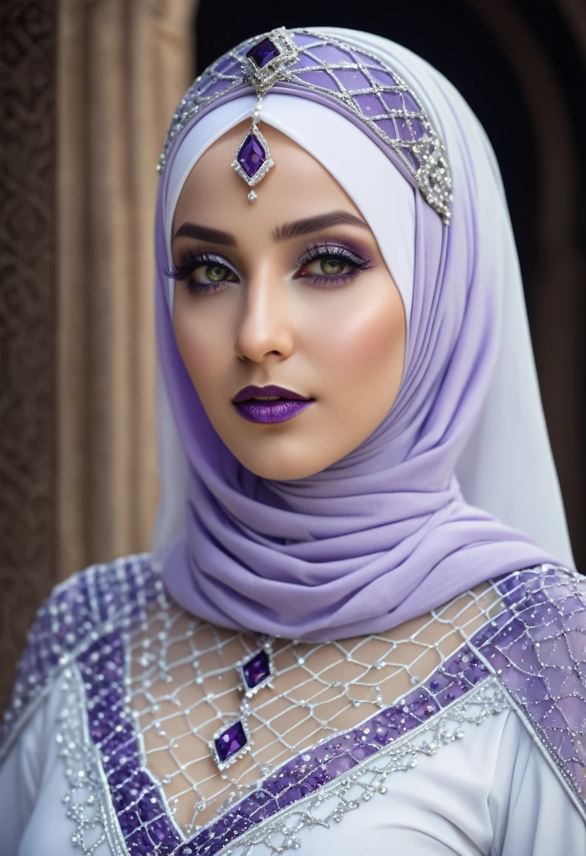 ((best quality)), ((masterpiece)), (detailed), perfect face, a close up of a woman wearing a hijab, large purple diamonds, elegant glamourous cosplay, digital marketing, white powder makeup, nge, soft makeup, romantic dress, cleric, streaming, beautifully ordinated, netting, photoreal details, female cleric, colour led