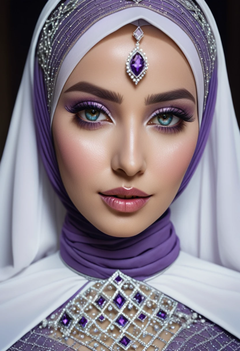 ((best quality)), ((masterpiece)), (detailed), perfect face, a close up of a woman wearing a hijab, large purple diamonds, elegant glamourous cosplay, digital marketing, white powder makeup, nge, soft makeup, romantic dress, cleric, streaming, beautifully ordinated, netting, photoreal details, female cleric, colour led