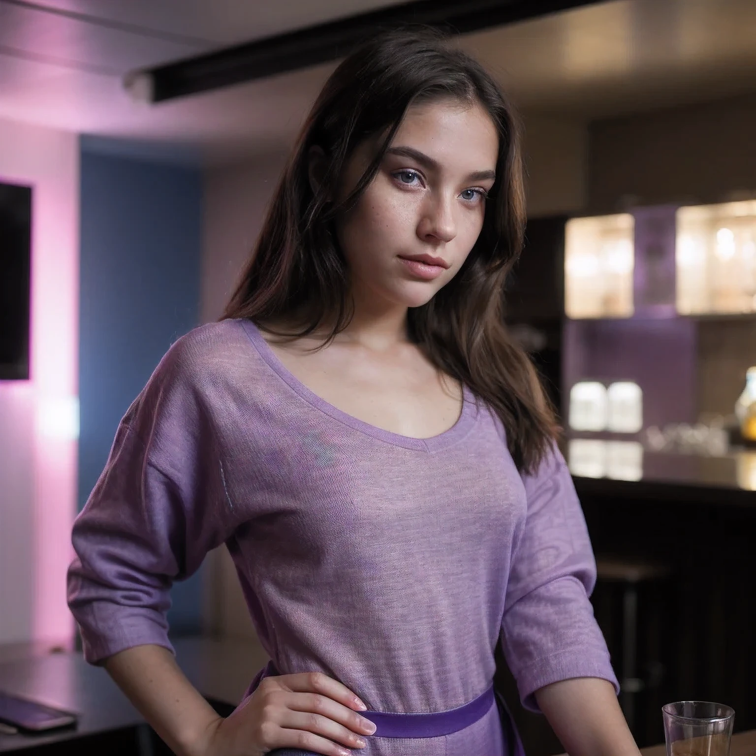 photo of a college student,, in Purple Pink, futuristic Coarse linen clothing, (freckles:0.8) cute face, sci-fi, dystopian, detailed eyes, cobalt blue eyes((Side view))Disco bar