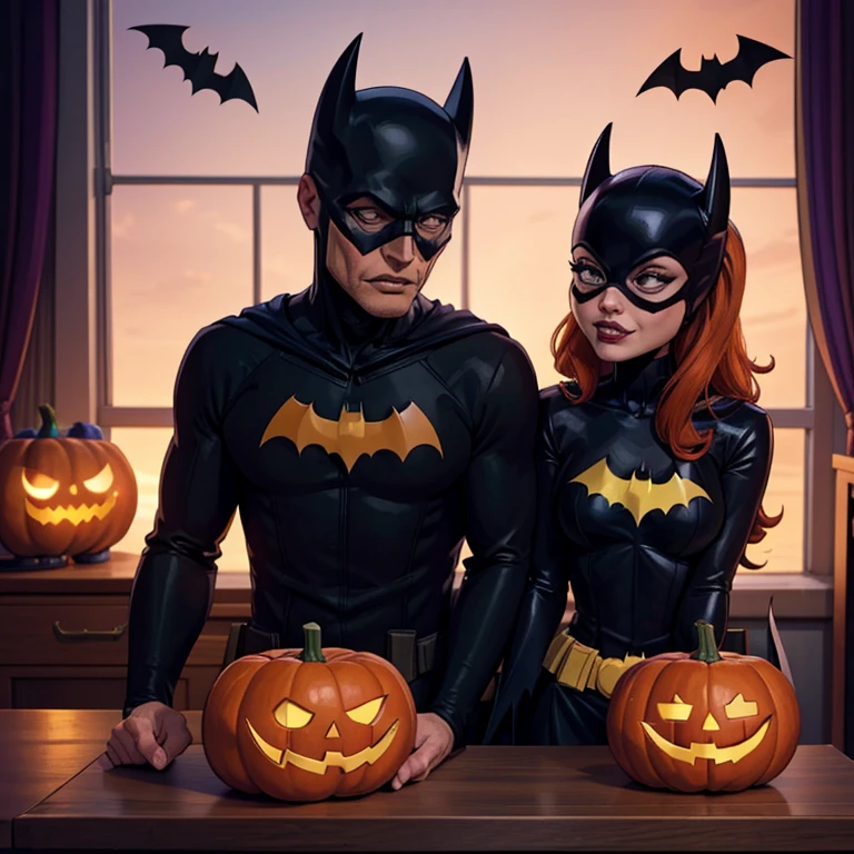 (best quality,4k,highres,masterpiece:1.2),ultra-detailed,(realistic,photorealistic,photo-realistic:1.37),((batman and batgirl halloween, batgirl giving batman a Halloween pumpkin with face of joker on it, happy batgirl, angry batman, standing, side view, full body)), medium:oil painting, gothic style, dark atmosphere, intense shadows, vibrant colors, glowing eyes, spooky background, bats flying, misty ambiance,  mystical aura