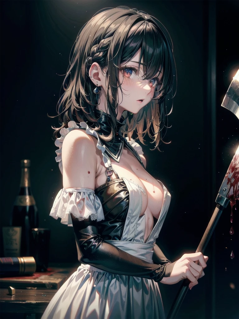 whole body, The sickly maid holding a bloody axe, Stained with blood spattered at close range, Blood stains left after the splash, absurdres, RAW photo, extremely delicate and beautiful, masterpiece, Best Quality, ultra high resolution, 32k, hyperrealistic, ultra-detailed description, pale skin, 20 years old, detailed beautiful face and eyes, tearful mole, earring, Colossal tits, short medium wavy hair,