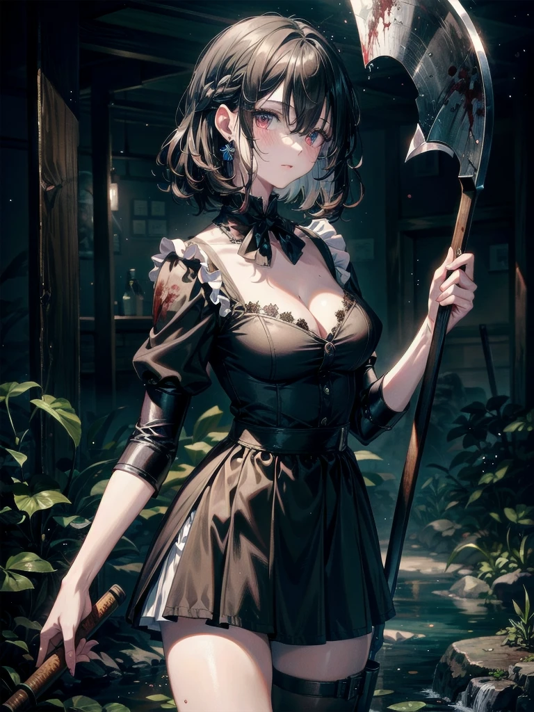 whole body, The sickly maid holding a bloody axe, Stained with blood spattered at close range, Blood stains left after the splash, absurdres, RAW photo, extremely delicate and beautiful, masterpiece, Best Quality, ultra high resolution, 32k, hyperrealistic, ultra-detailed description, pale skin, 20 years old, detailed beautiful face and eyes, tearful mole, earring, Colossal tits, short medium wavy hair,